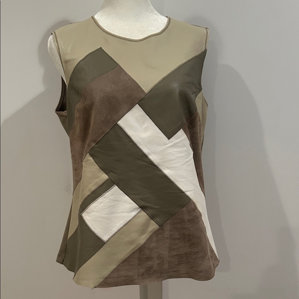 Per Se Leather Patchwork Tank Top - White,Tan, and Brown NWOT  sz 8 EUC